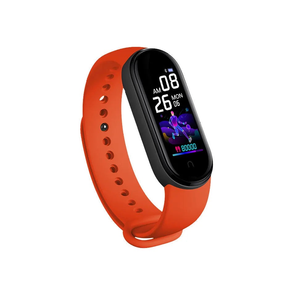 M5 smart fitness bracelet in black showing heart rate and step count on its 0.96-inch screen
