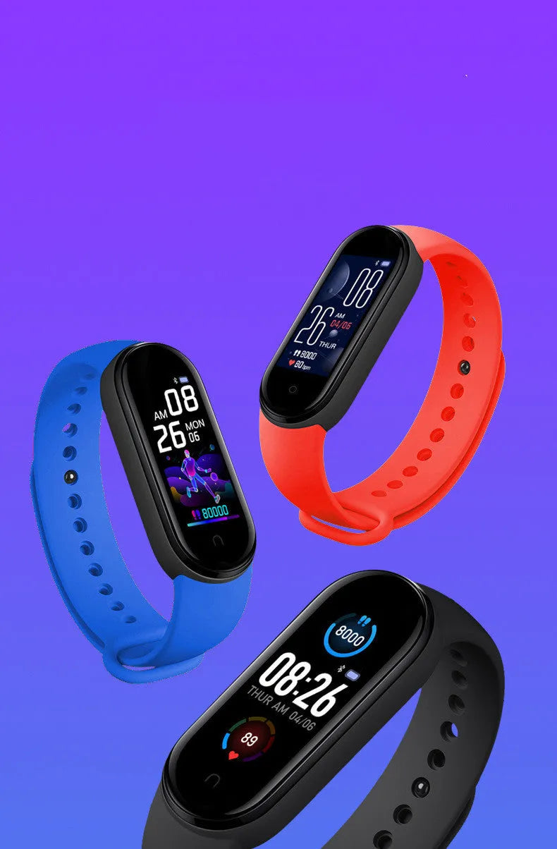 M5 smart fitness bracelet in black showing heart rate and step count on its 0.96-inch screen
