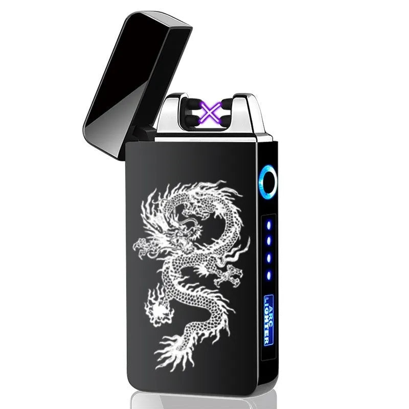USB rechargeable double arc lighter in zinc alloy with ice noodle finish, 73x35x11mm, available in six colours