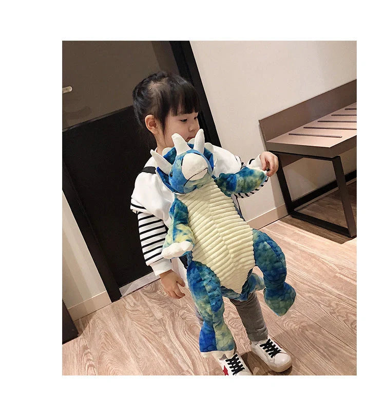 3D dinosaur plush backpack for kids in blue, red, brown, and green