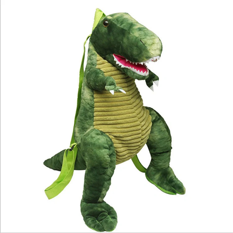 3D dinosaur plush backpack for kids in blue, red, brown, and green