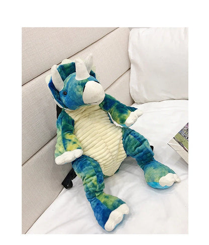 3D dinosaur plush backpack for kids in blue, red, brown, and green