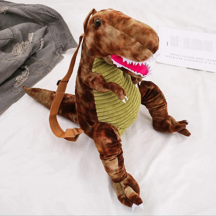 3D dinosaur plush backpack for kids in blue, red, brown, and green