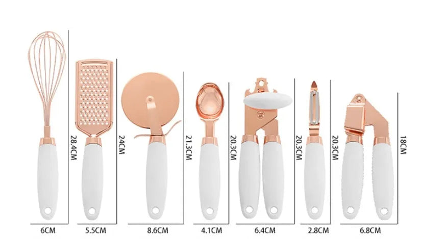 Rose gold stainless steel kitchen tool set with copper accents including peeler and utensils in six colour options