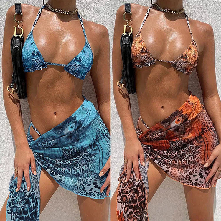 Leopard print three-piece bikini swimsuit with high elasticity for women