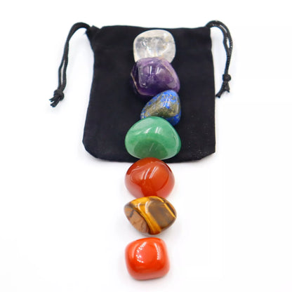 Seven Chakra Natural Stone Set with colors representing each chakra, includes black gift bag