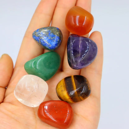 Seven Chakra Natural Stone Set with colors representing each chakra, includes black gift bag