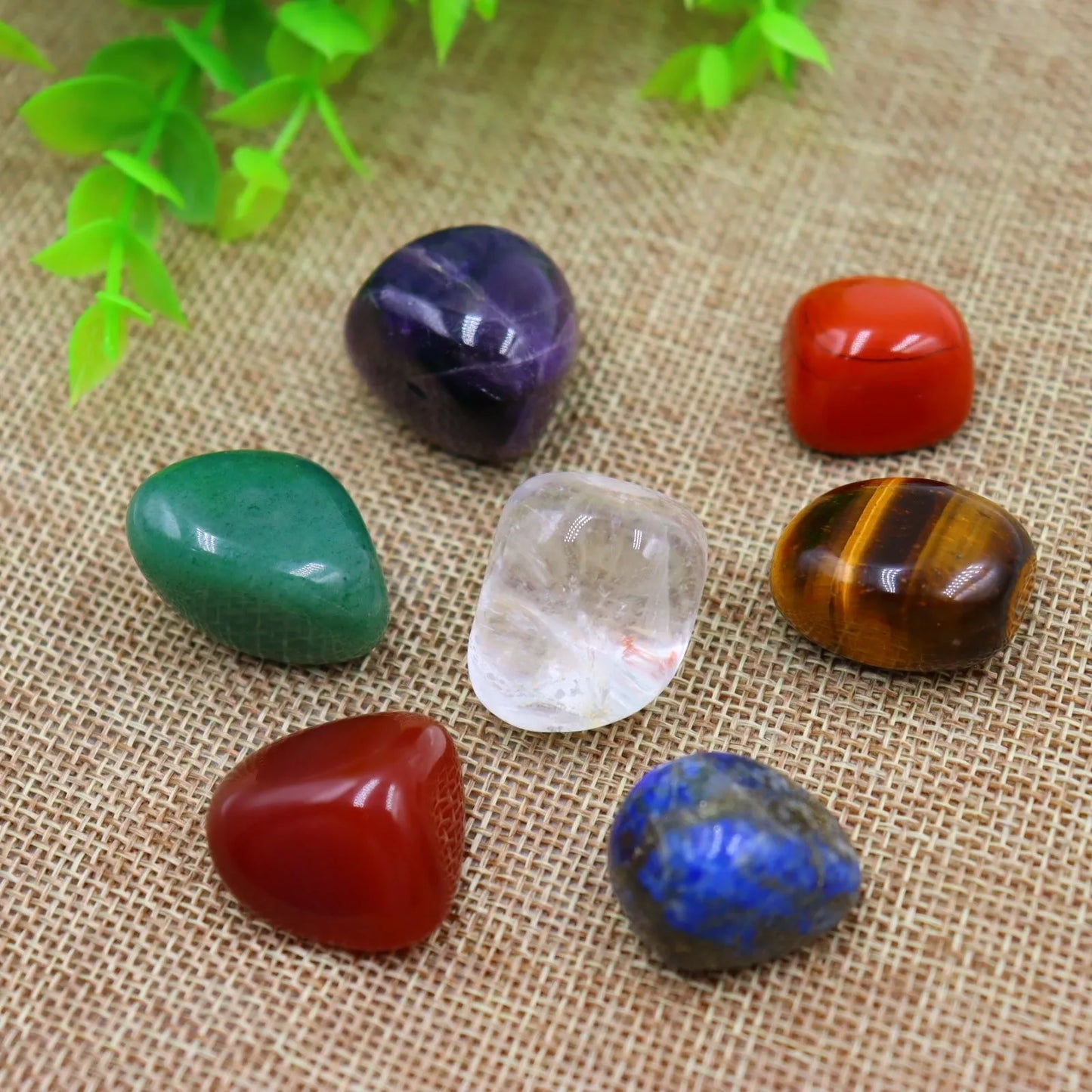 Seven Chakra Natural Stone Set with colors representing each chakra, includes black gift bag