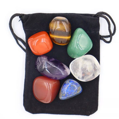 Seven Chakra Natural Stone Set with colors representing each chakra, includes black gift bag