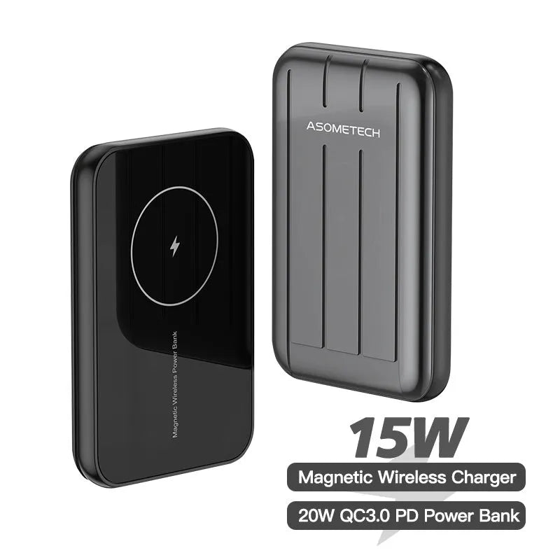 Blue magnetic wireless power bank attached to iPhone 12 showing wireless charging with 5000mAh capacity label