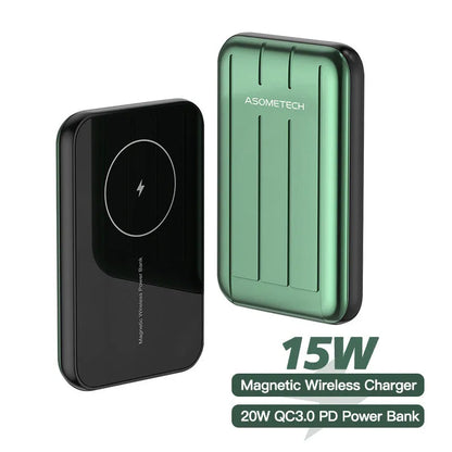 Blue magnetic wireless power bank attached to iPhone 12 showing wireless charging with 5000mAh capacity label