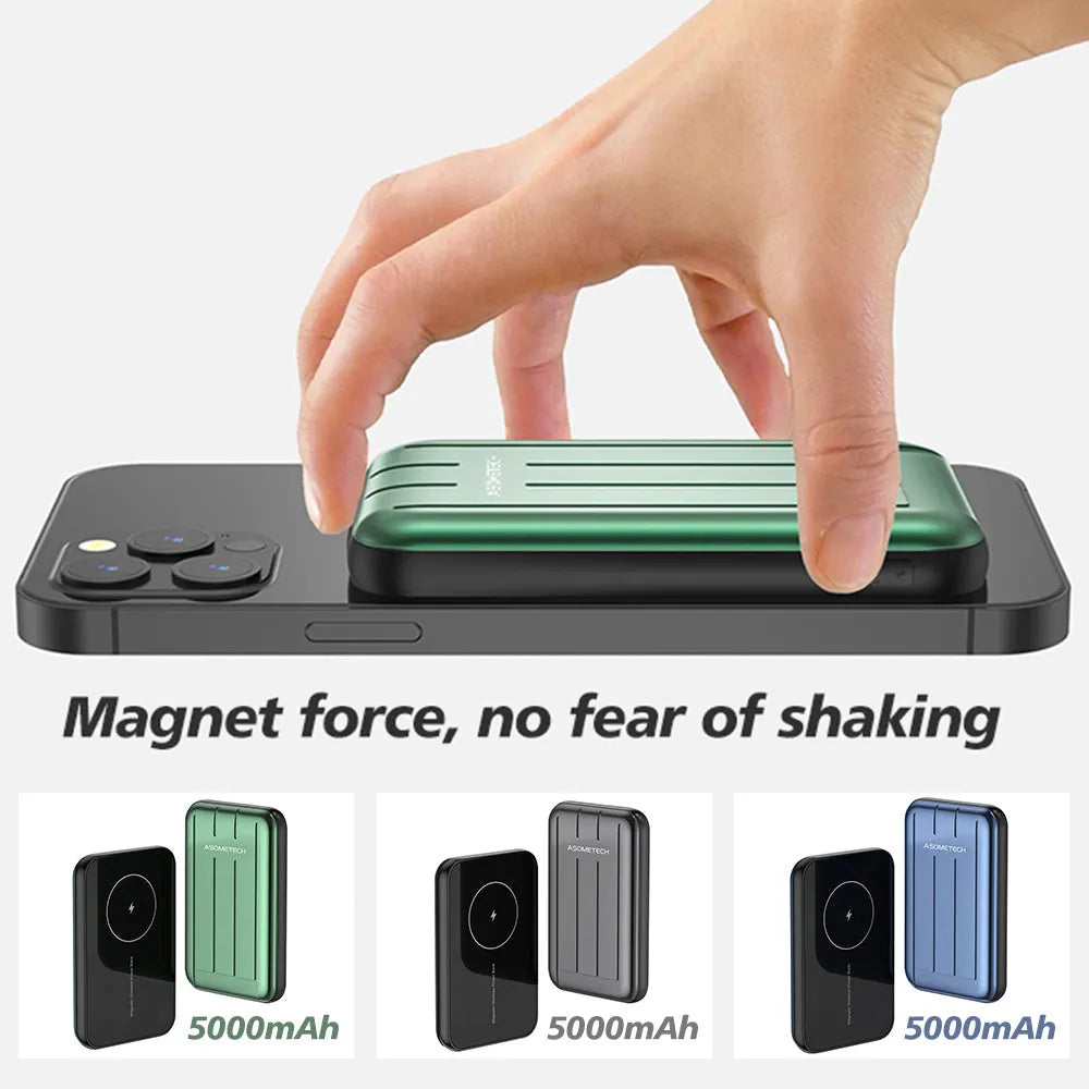 Blue magnetic wireless power bank attached to iPhone 12 showing wireless charging with 5000mAh capacity label