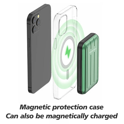 Blue magnetic wireless power bank attached to iPhone 12 showing wireless charging with 5000mAh capacity label