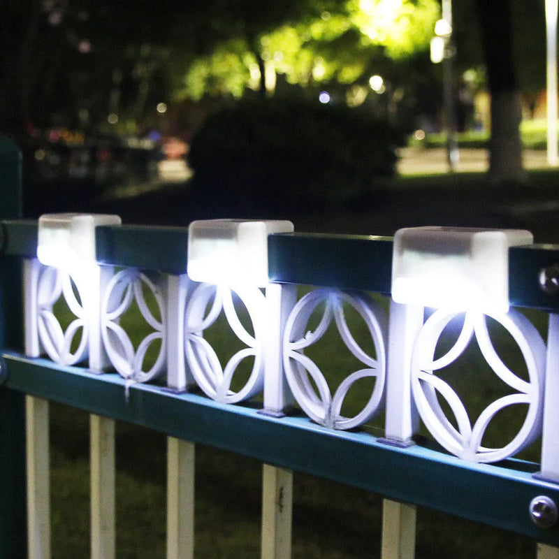 Outdoor solar railing light set for fences, stairs, and steps provides waterproof LED illumination in white, warm white, or colour changing light from a 5W solar panel needing 6-8 hours sunshine.