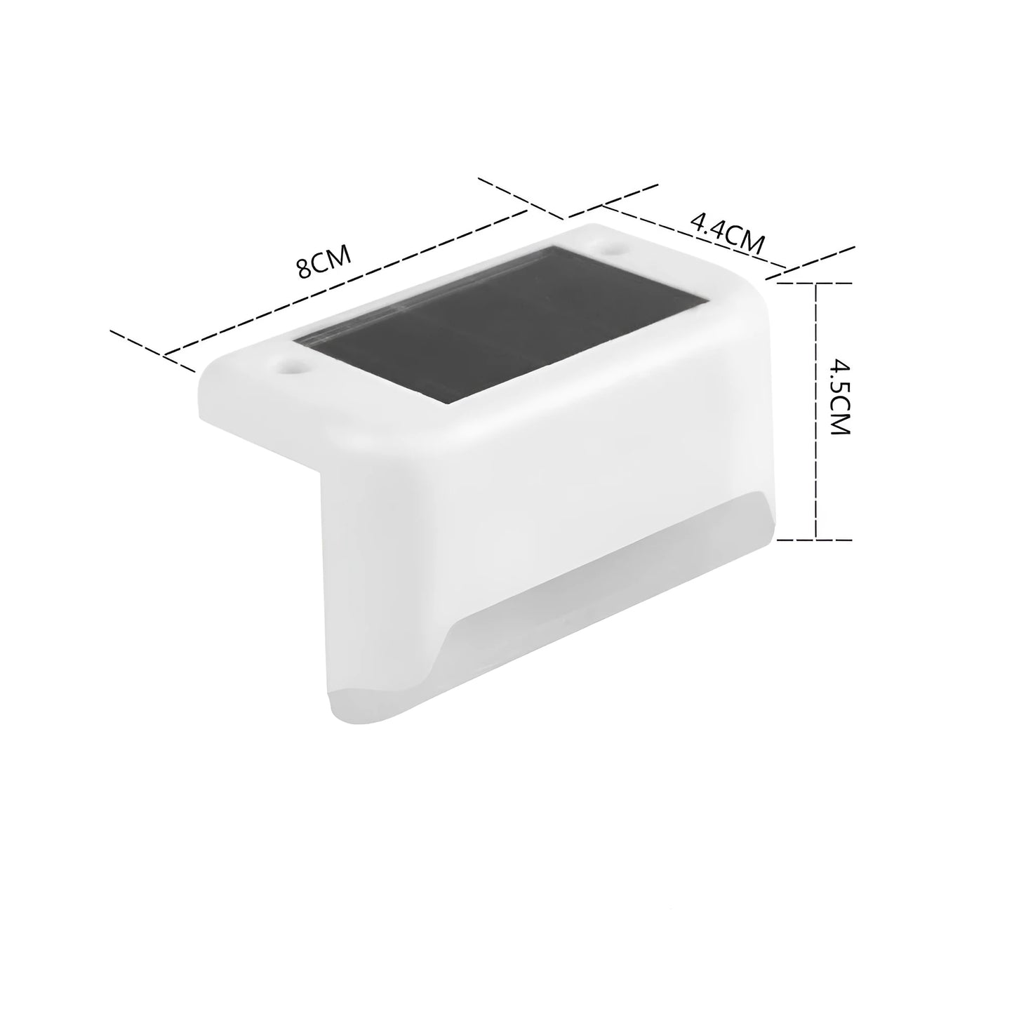 Set of four white rectangular solar-powered LED lights for outdoor railings and steps.
