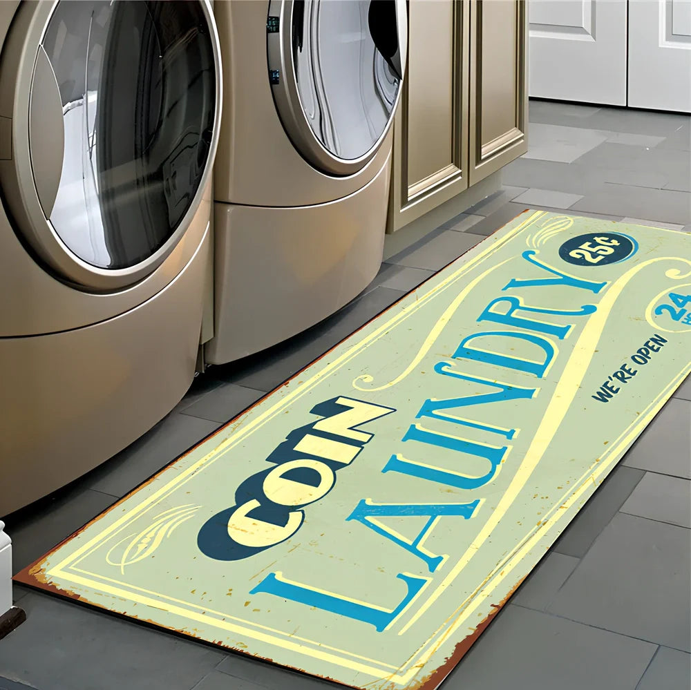 Rectangular non-slip absorbent polyester floor mat in green stripe pattern, size 60x180cm for kitchen use