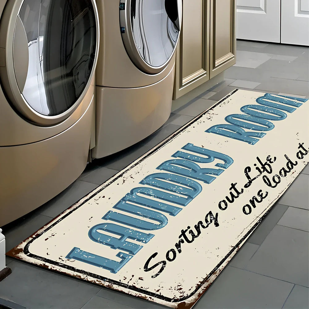 Rectangular non-slip absorbent polyester floor mat in green stripe pattern, size 60x180cm for kitchen use