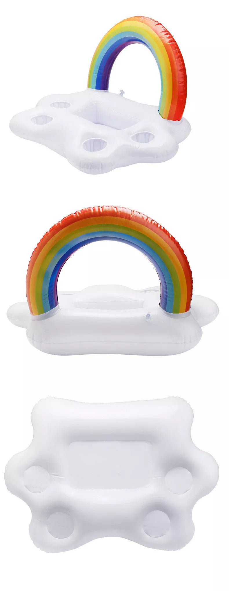 Inflatable rainbow cup holder floating in pool with beverage, made from environmentally friendly PVC