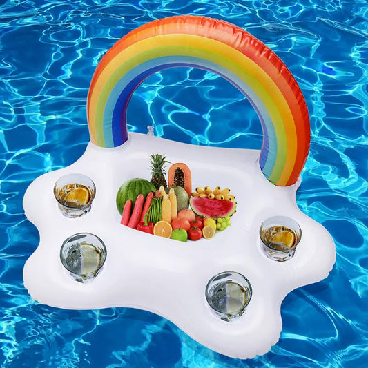 Inflatable rainbow cup holder floating in pool with beverage, made from environmentally friendly PVC