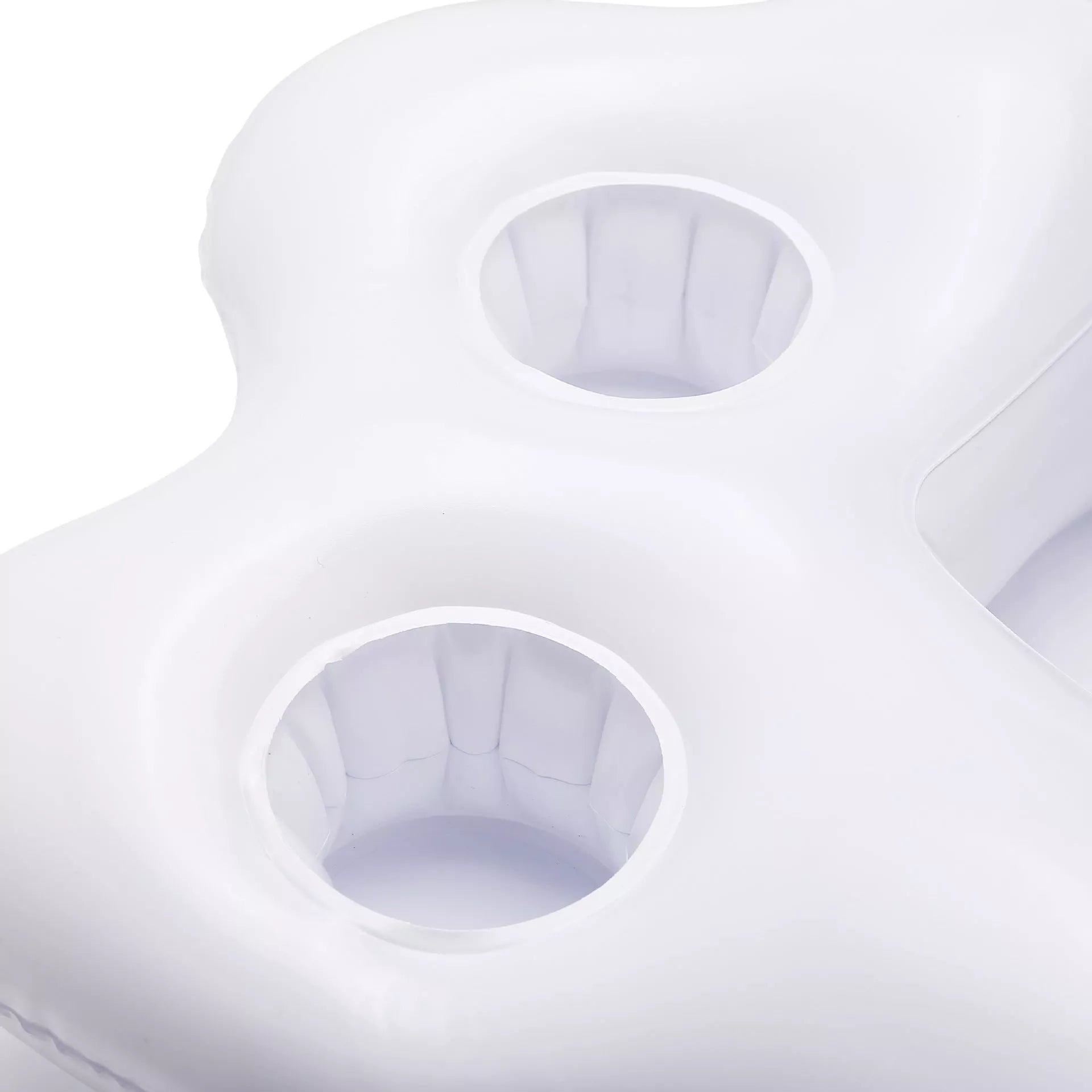 Inflatable rainbow cup holder floating in pool with beverage, made from environmentally friendly PVC