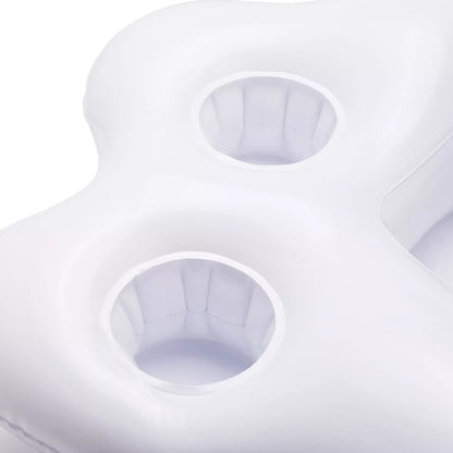 Inflatable rainbow cup holder floating in pool with beverage, made from environmentally friendly PVC