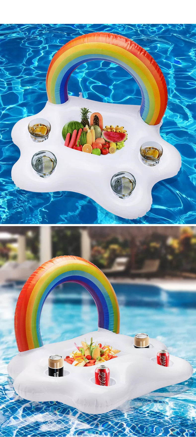 Inflatable rainbow cup holder floating in pool with beverage, made from environmentally friendly PVC