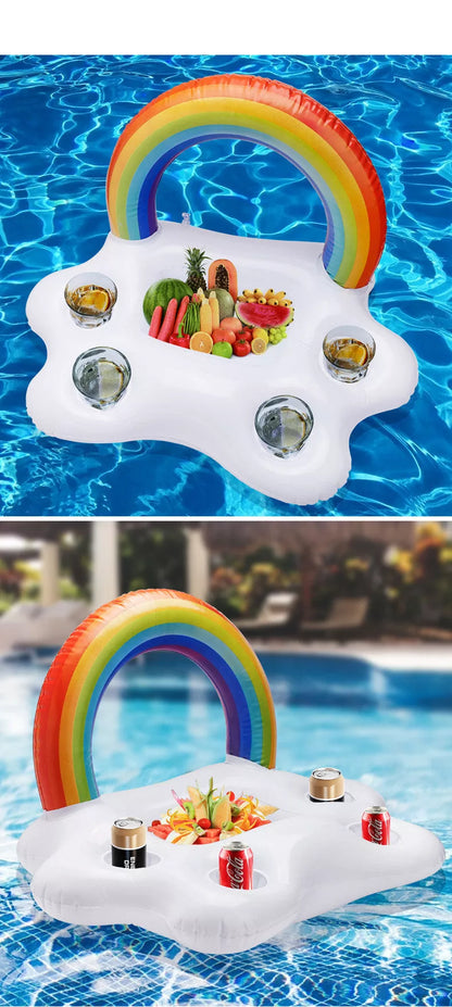 Inflatable rainbow cup holder floating in pool with beverage, made from environmentally friendly PVC