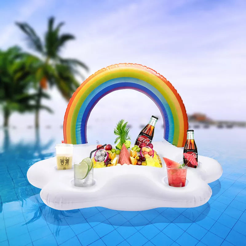 Inflatable rainbow cup holder floating in pool with beverage, made from environmentally friendly PVC