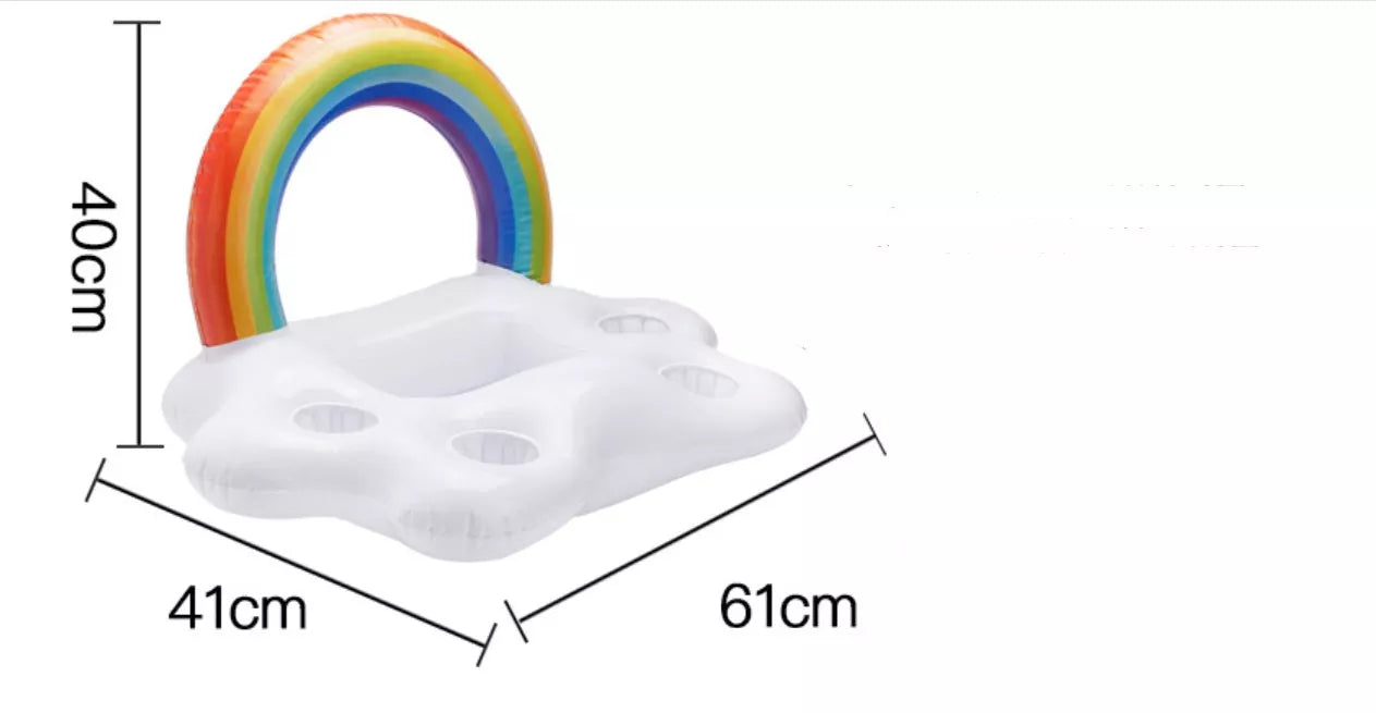 Inflatable rainbow cup holder floating in pool with beverage, made from environmentally friendly PVC