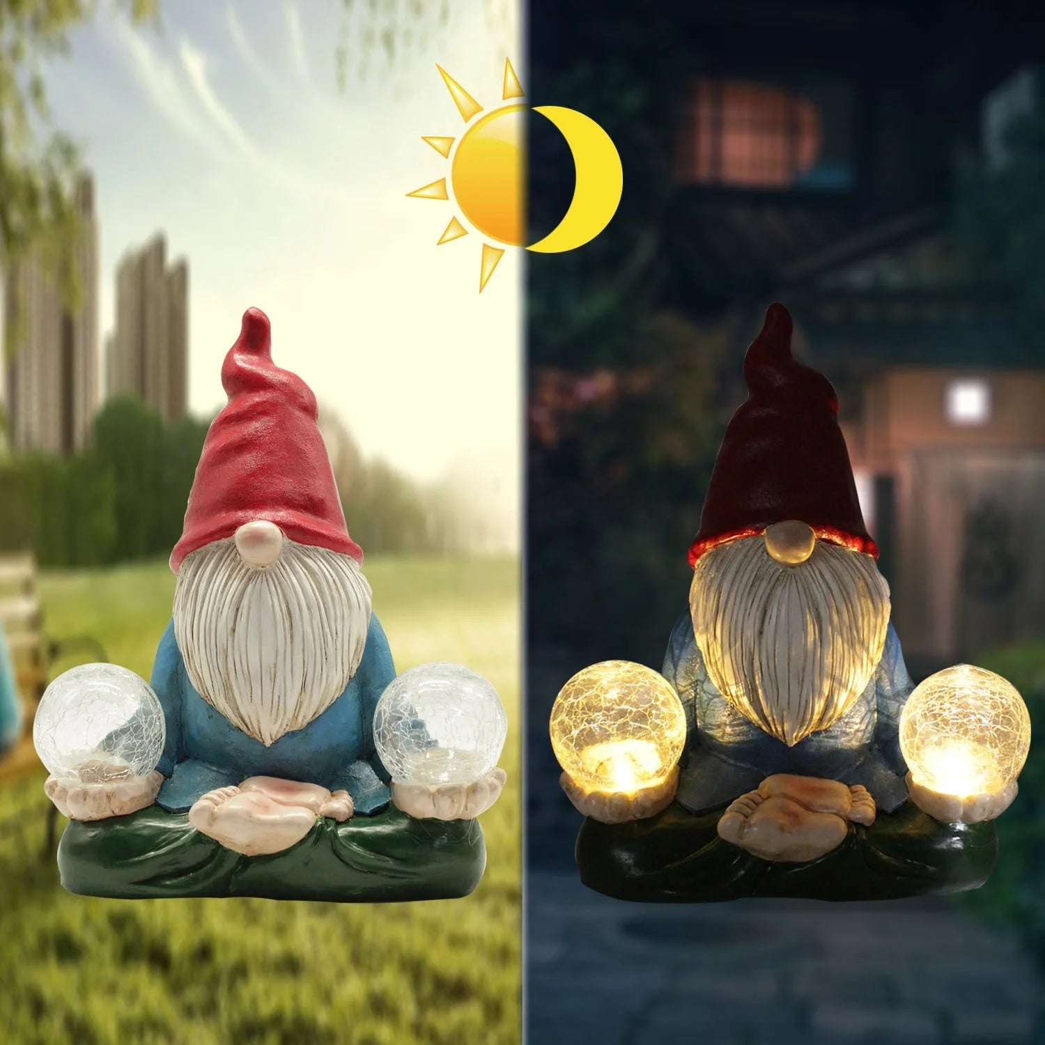 Solar LED resin dwarf doll outdoor garden decoration statue with automatic lighting
