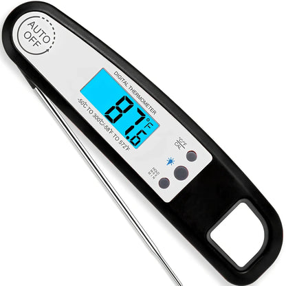 Black digital food thermometer showing temperature display with -50 to 300 degree range