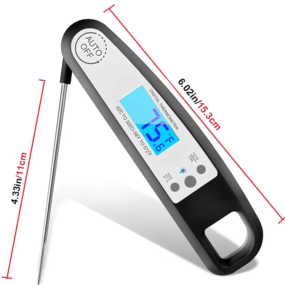 Black digital food thermometer showing temperature display with -50 to 300 degree range