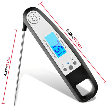 Black digital food thermometer showing temperature display with -50 to 300 degree range
