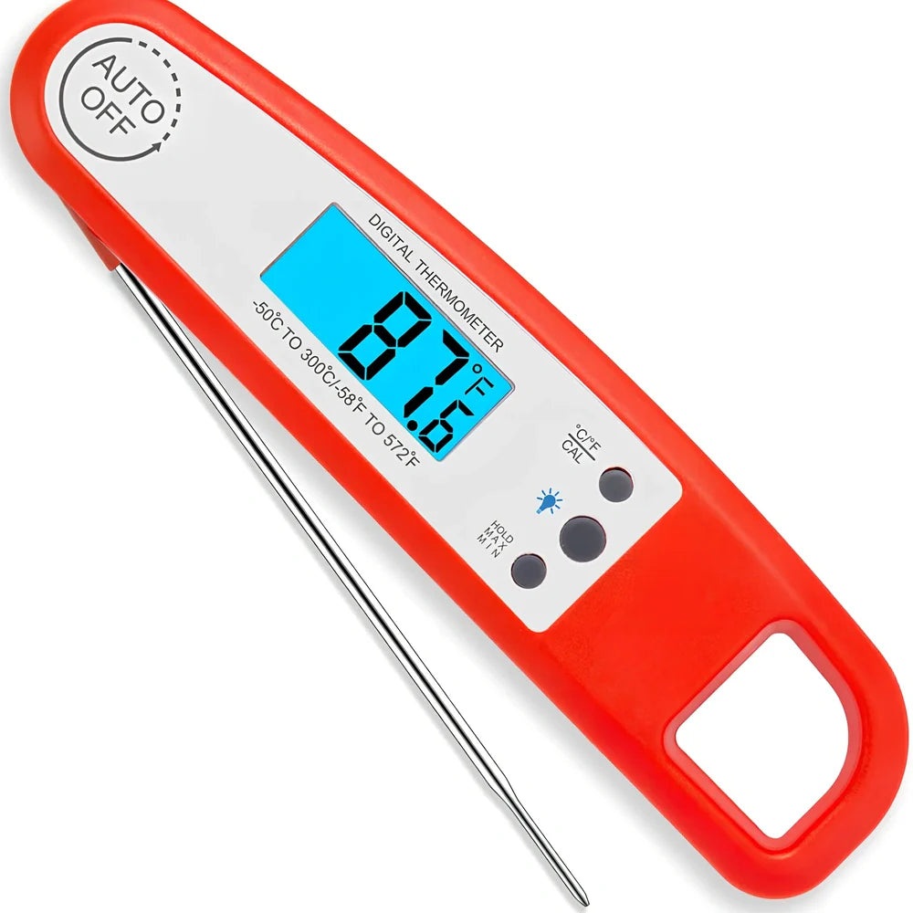 Black digital food thermometer showing temperature display with -50 to 300 degree range