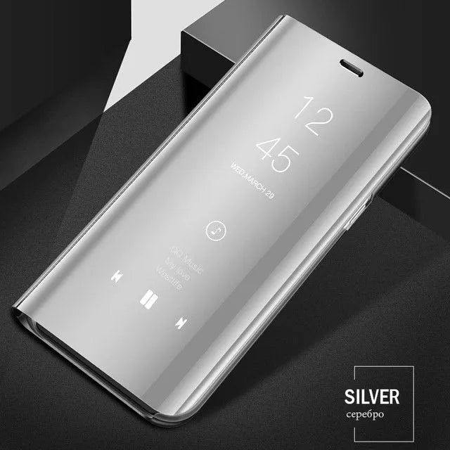 Black mirror flip phone case for Samsung Galaxy showing front cover and built-in kickstand open.
