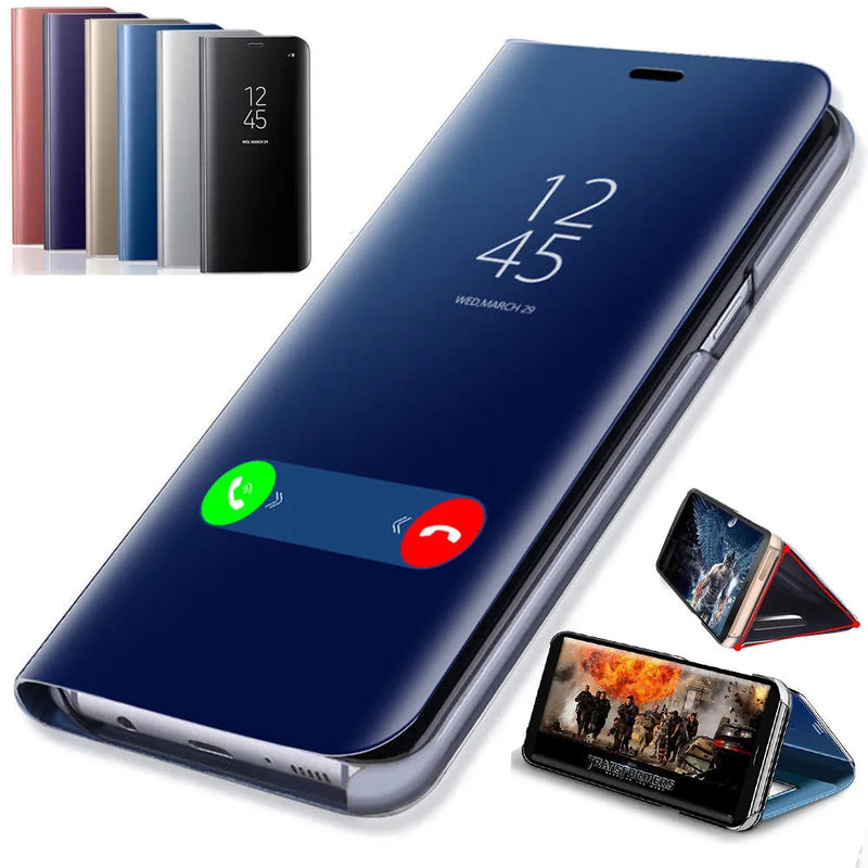 Mirror flip case for Samsung Galaxy A50, A51, A21s, A71, A20, A1, A10, M31, M21, S20, S10, S9, S8, Note 20, Note 10, Note 9, and Note 8 models with anti-knock and dirt-resistant features in black, blue, and silver colour options