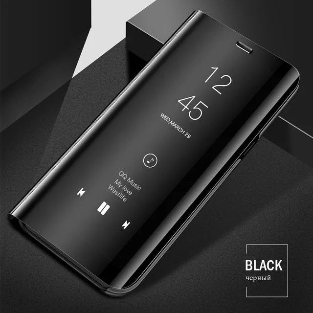 Black mirror flip phone case for Samsung Galaxy showing front cover and built-in kickstand open.