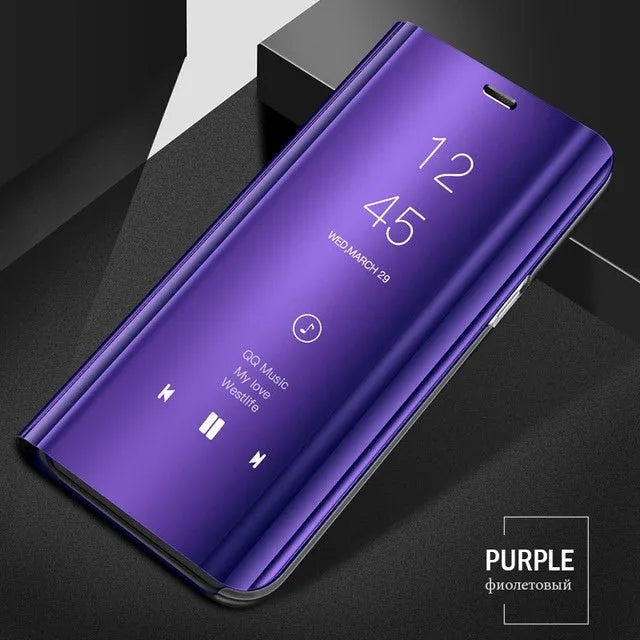 Black mirror flip phone case for Samsung Galaxy showing front cover and built-in kickstand open.