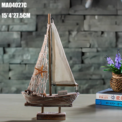 Hand-carved pine fishing boat model with Mediterranean painted patterns and relief details