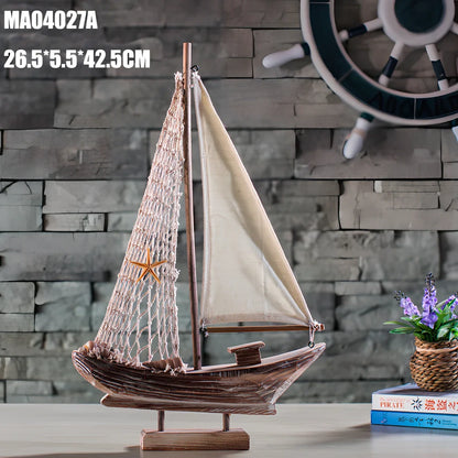 Hand-carved pine fishing boat model with Mediterranean painted patterns and relief details
