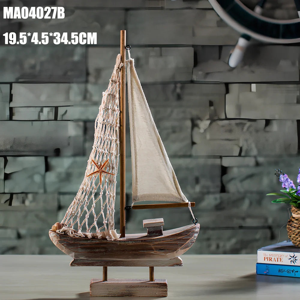 Hand-carved pine fishing boat model with Mediterranean painted patterns and relief details