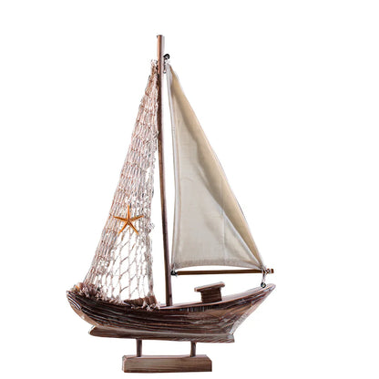 Hand-carved pine fishing boat model with Mediterranean painted patterns and relief details