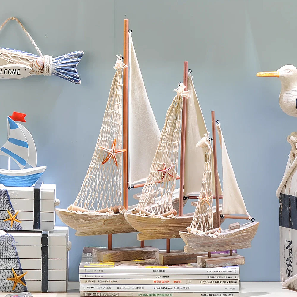 Hand-carved pine fishing boat model with Mediterranean painted patterns and relief details