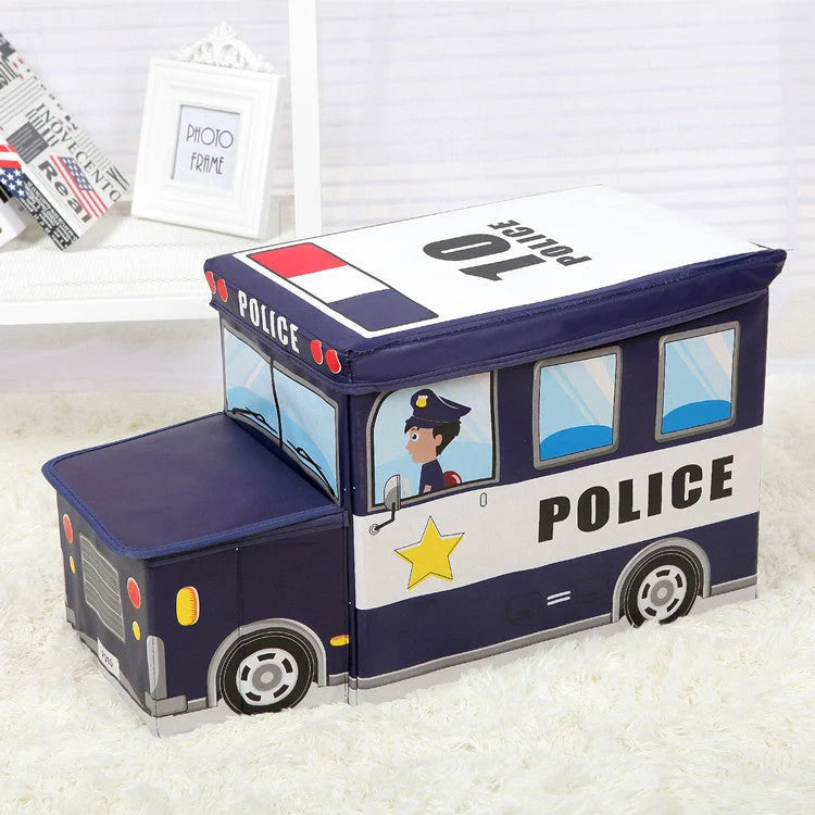 Foldable cartoon storage box in navy blue police car design, 35L capacity