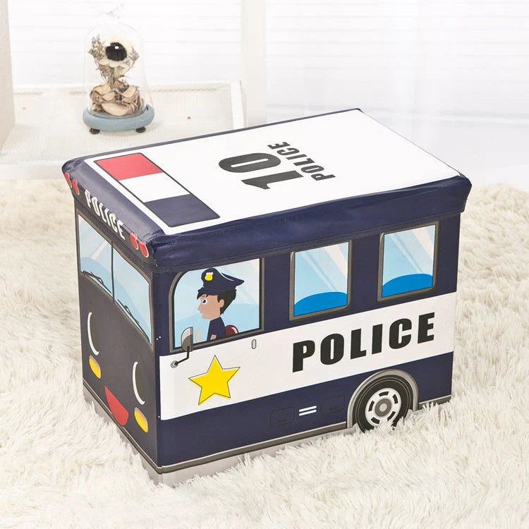Foldable cartoon storage box in navy blue police car design, 35L capacity