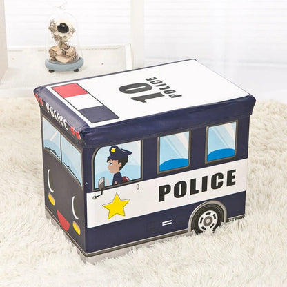 Foldable cartoon storage box in navy blue police car design, 35L capacity