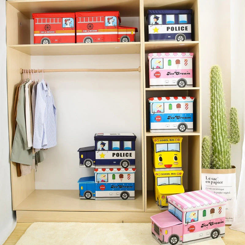 Foldable cartoon storage box in navy blue police car design, 35L capacity