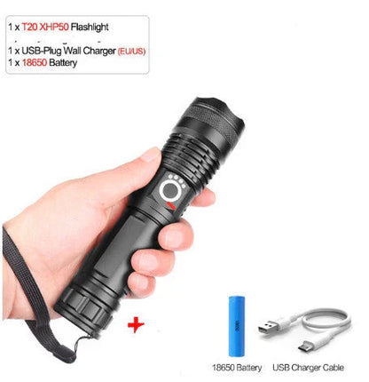 High-Powered Tactical Flashlight with Zoom and USB Charging - Durable, Waterproof, and Rechargeable LED Flashlight