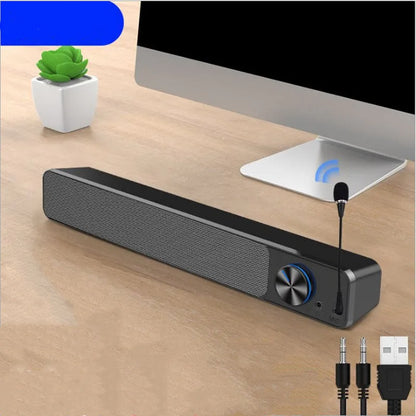 Black computer desktop speaker with ABS PC shell measuring 18cm, showing audio connectivity ports