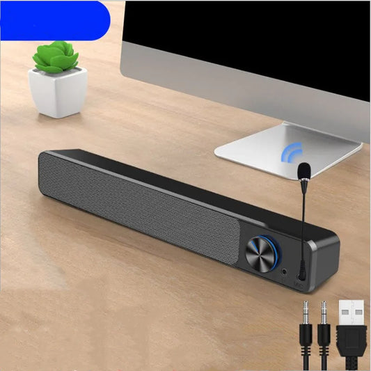 Black computer desktop speaker with ABS PC shell measuring 18cm, showing audio connectivity ports